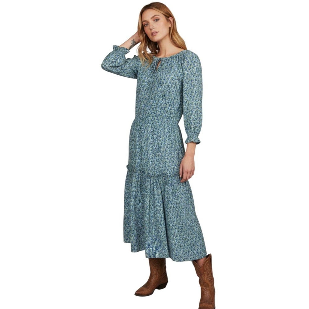 Laura Ashley Cotton Floral Maxi Dress Tiered Ruffle Tie Neck Blue Green Size 14